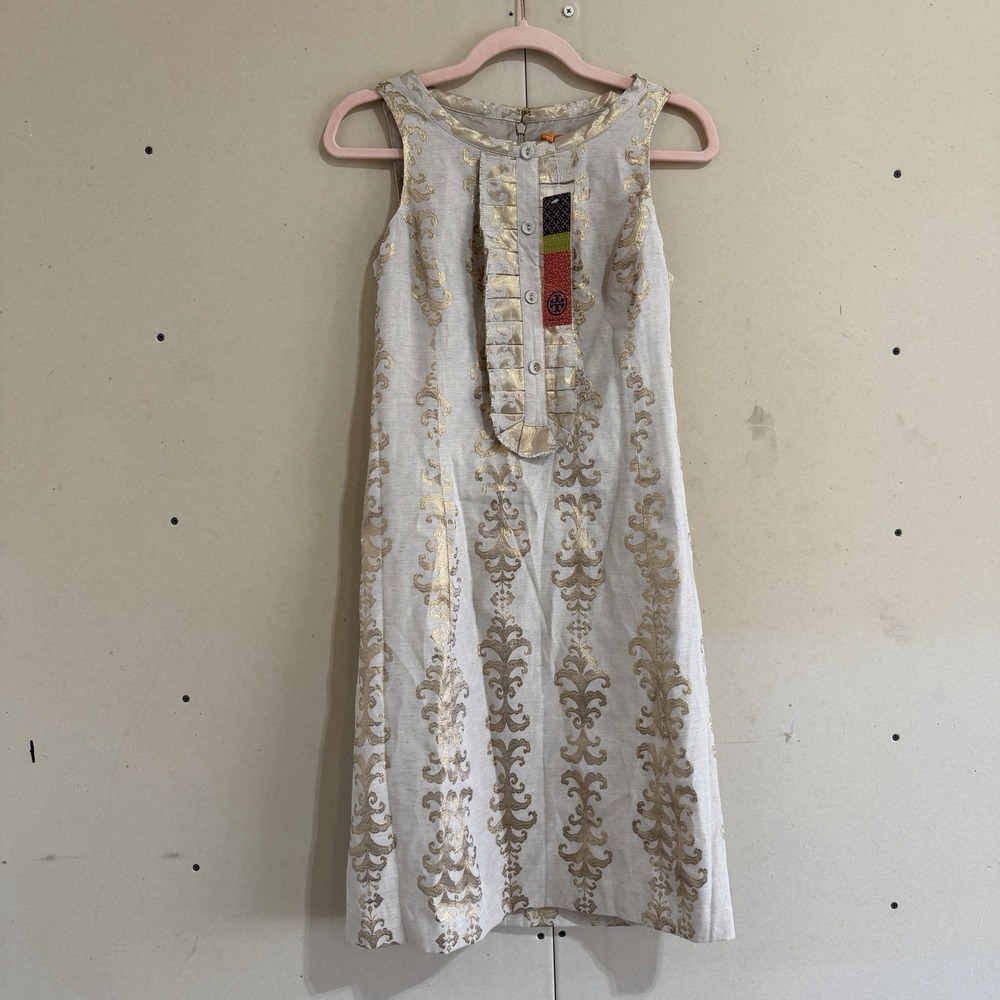 Tory Burch Maggie Dress, Gold Foil Jacquard Metallic Brocade, Size 2, NWT Flawed